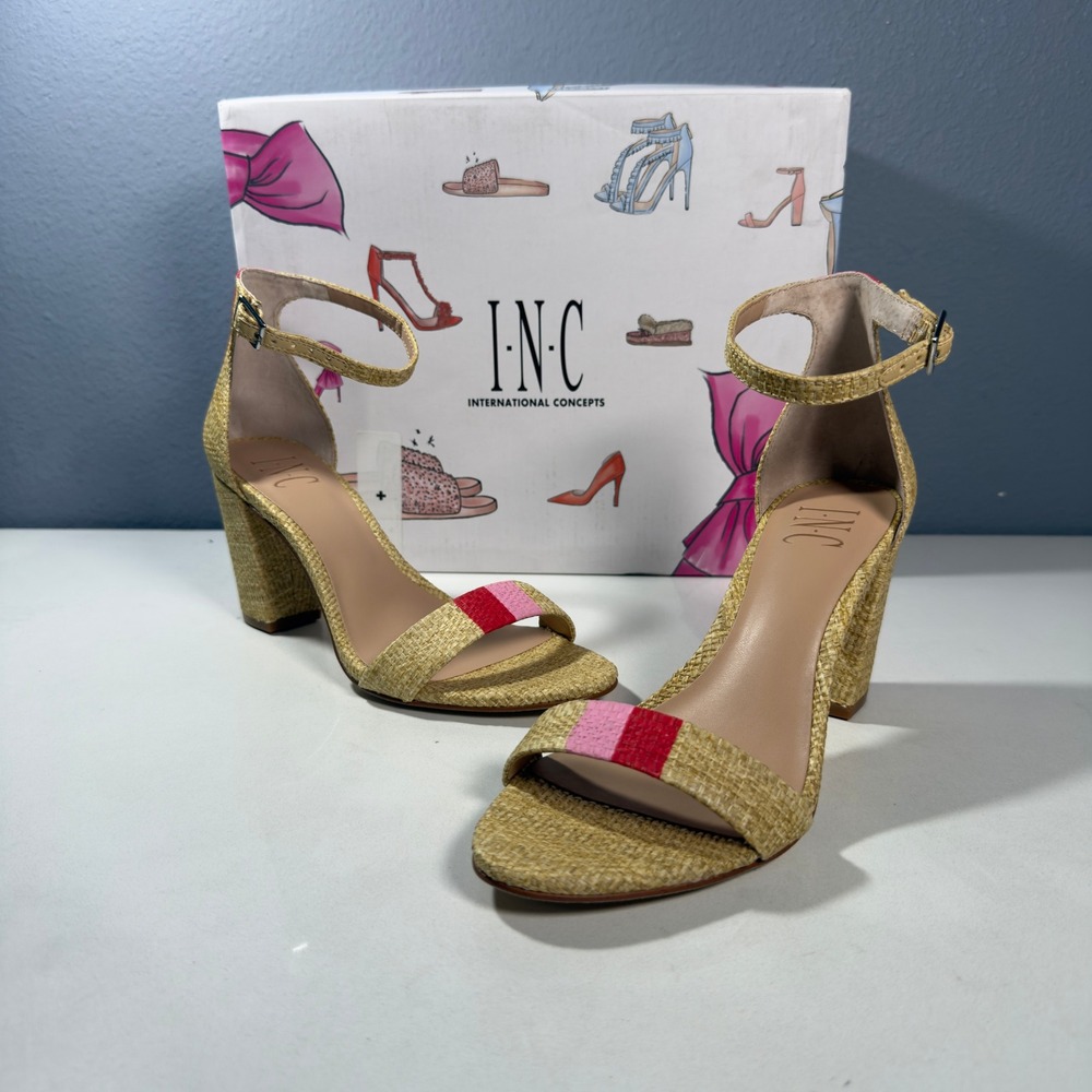 INC Kivah 20 Sandals Womens 7 Natural Excellent Woven Block Heel Ankle Strap‎